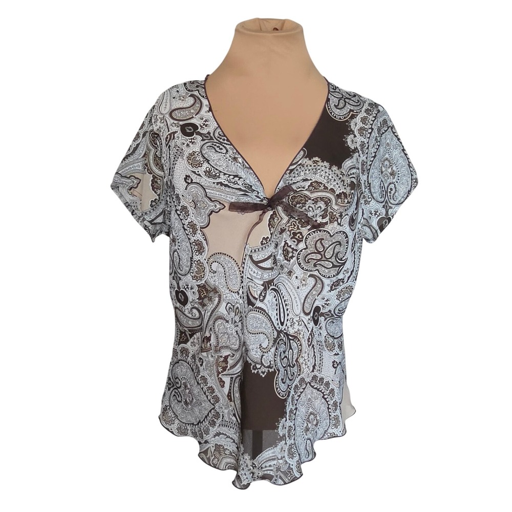 Blue Diamond Vintage Paisley Chiffon V-Neck Blouse Ribbon Tie Short Sleeve M